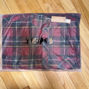 SKIMS Flannel Hooded Button Down Shirt M Brick Holiday Plaid SKU705